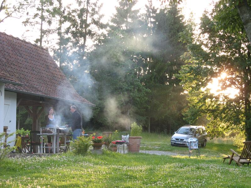 Smoke rising from a barbecue on the lawn beside the house in evening sunshine, June 2009