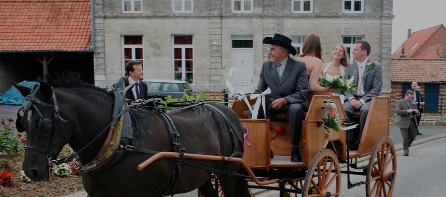 A bride and groom in an open carriage drawn by a black horse, passing through the village