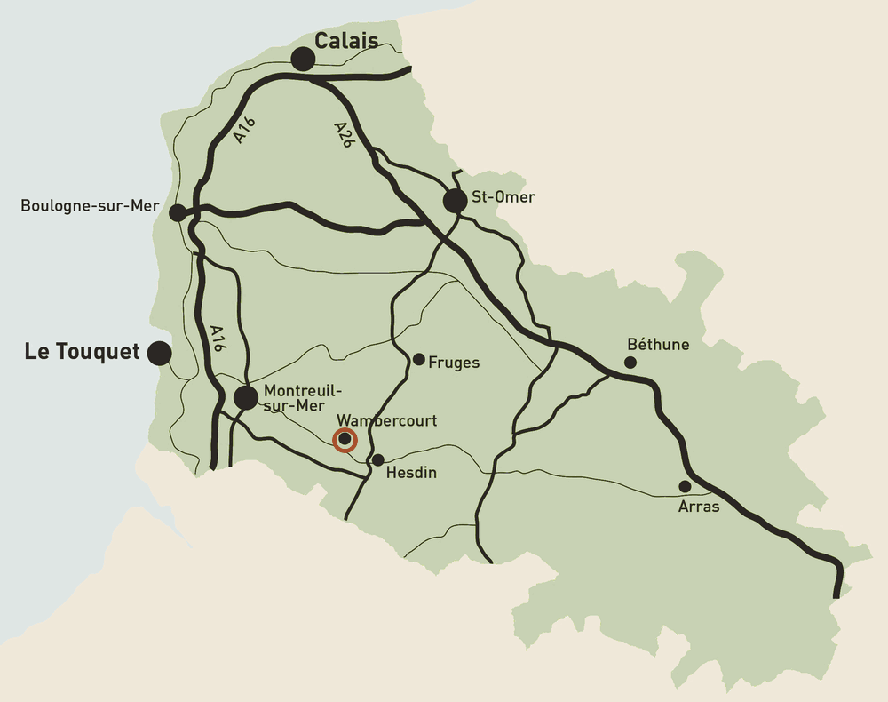 Map of the Pas-de-Calais showing Calais, Boulogne, Le Touquet, Montreuil, Hesdin and Arras, with Wambercourt circled between Montreuil and Hesdin
