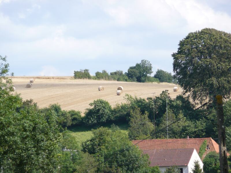 Fields of cut hay and woods across the valley, a red roof among the trees below